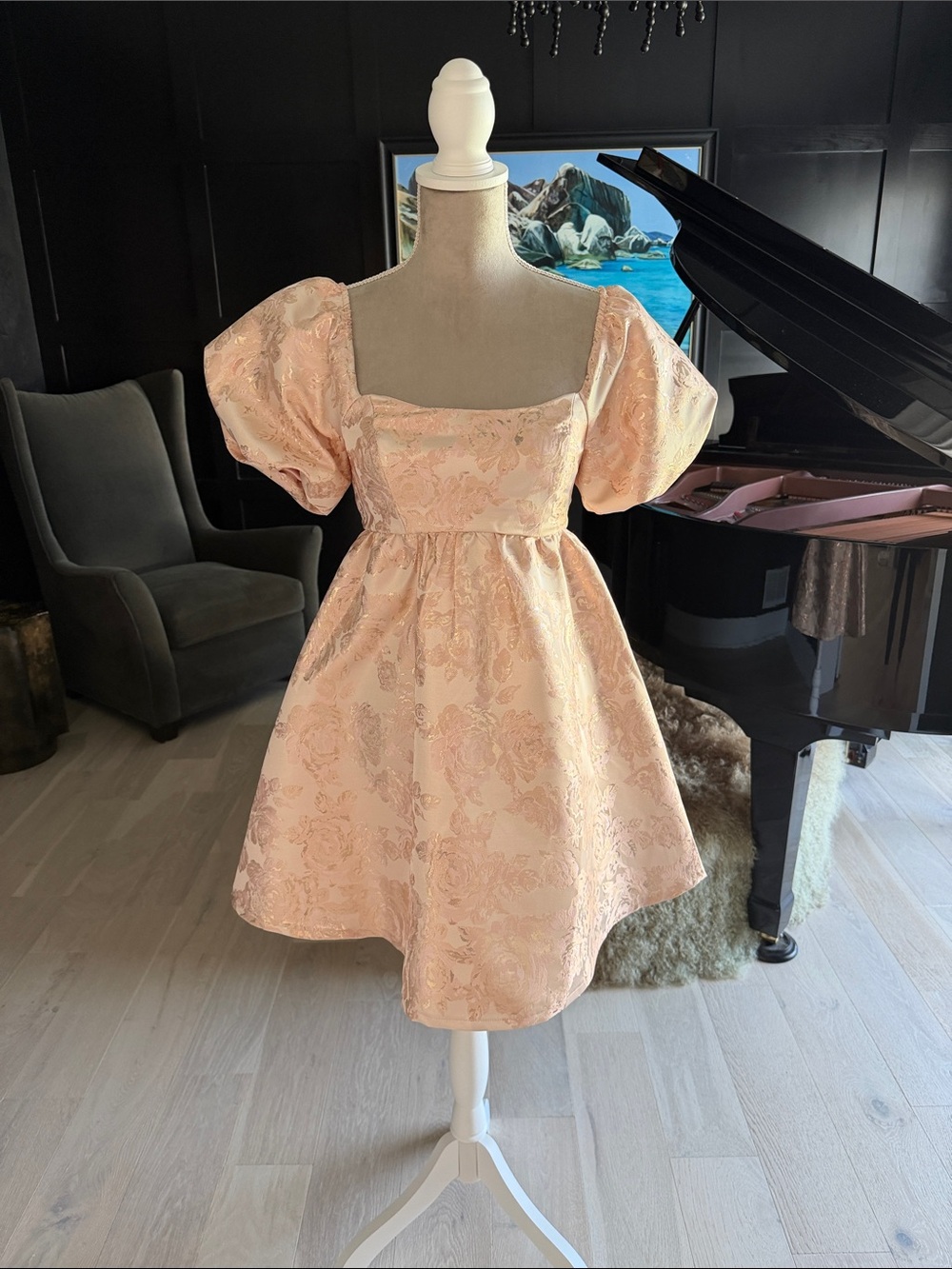 Altar'd State Peach Floral Brocade Puff-Sleeve Mini Dress